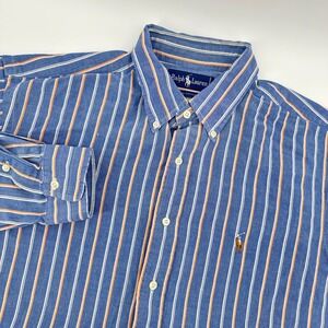 Ralph Lauren Mens Striped Button Down Long‎ Sleeve Shirt Blue Orange White 17-35
